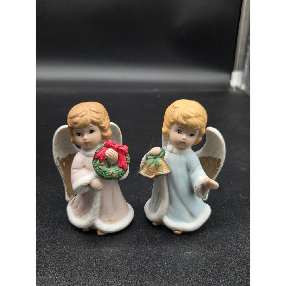 Vintage Homco 3.5 In Porcelain Christmas Angels Set Of 2 Pink & Blue Figurine